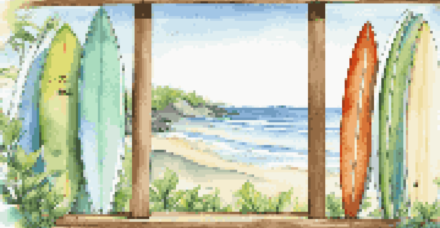 A display of eco-friendly surfboards on a wooden rack by the ocean, with a sign highlighting their sustainable materials.