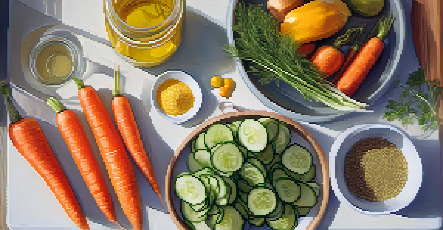 An overhead view of sliced vegetables and a bowl of spices on a cutting board in a bright kitchen.