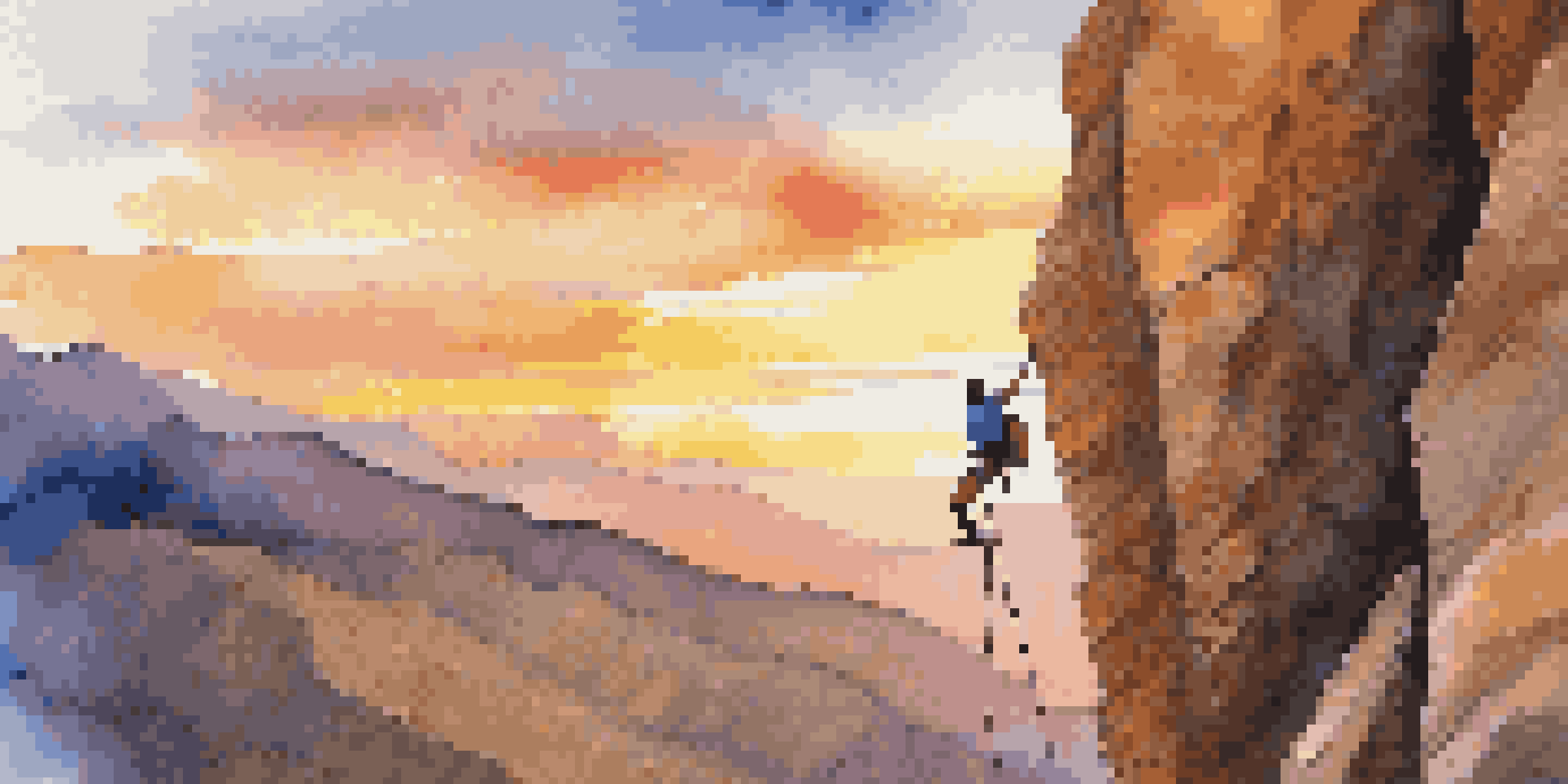 A rock climber nearing the summit of a cliff during sunset, highlighting their determination against a colorful sky.