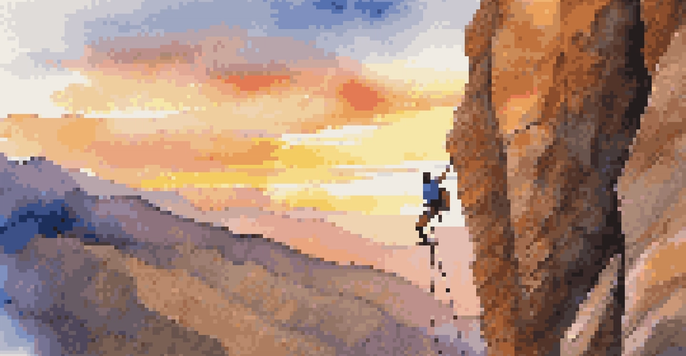 A rock climber nearing the summit of a cliff during sunset, highlighting their determination against a colorful sky.