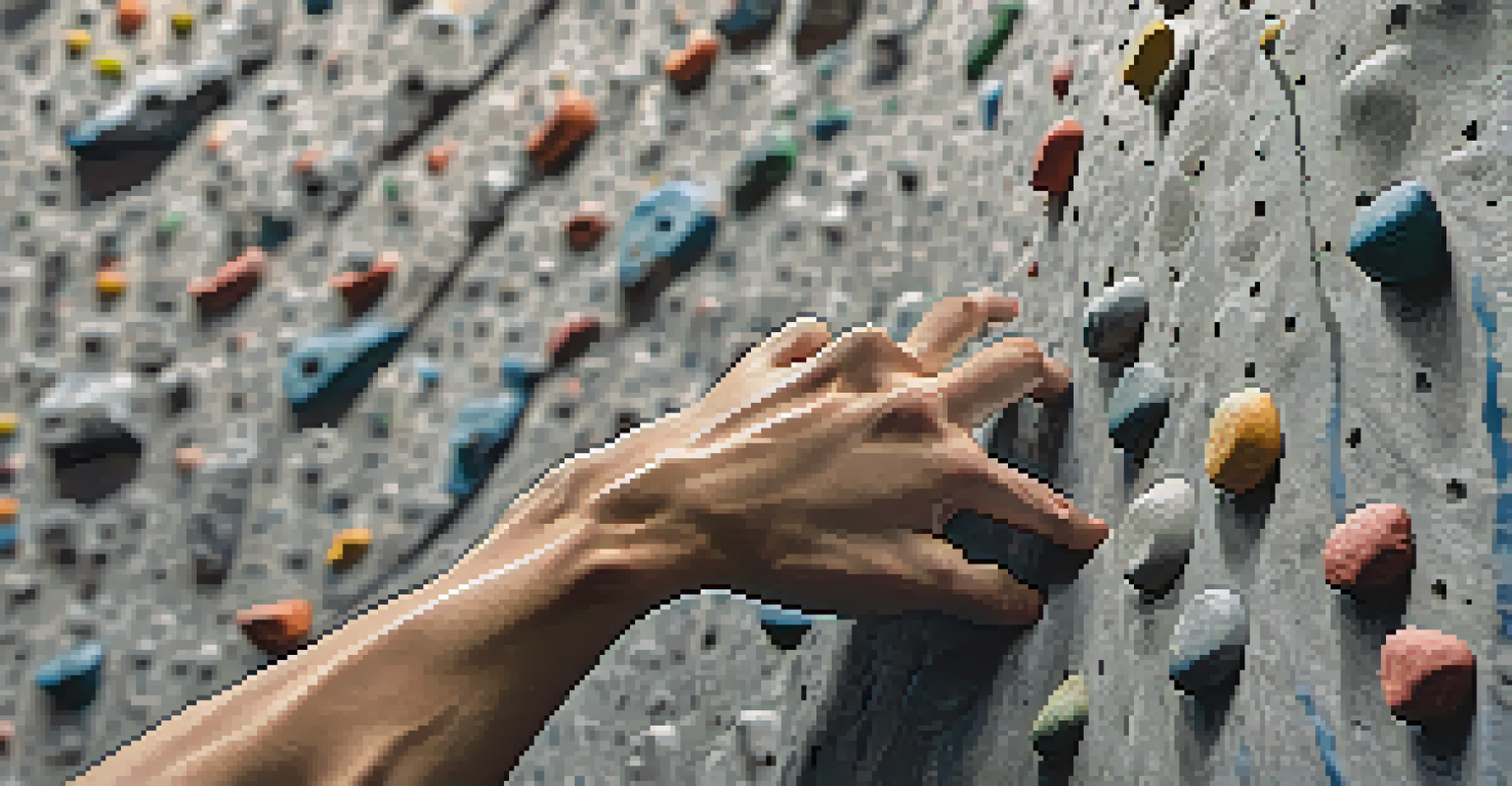 A climber's hand gripping a textured crimp hold on a climbing wall.