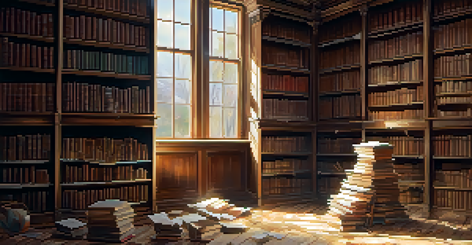 A forgotten library with dusty bookshelves and sunlight streaming through a broken window.