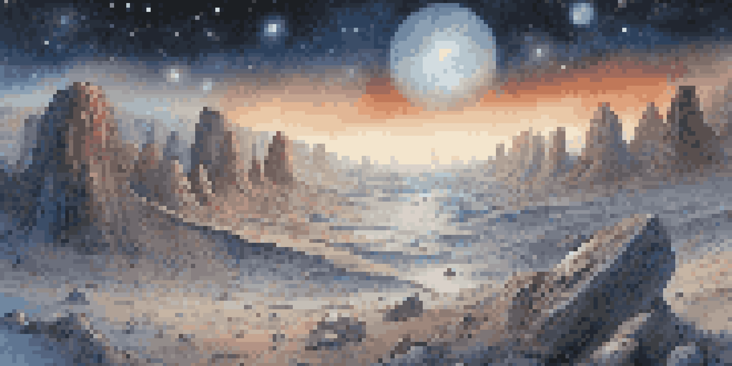 A panoramic view of the Kuiper Belt with various icy celestial bodies illuminated by distant sunlight in a starry sky.