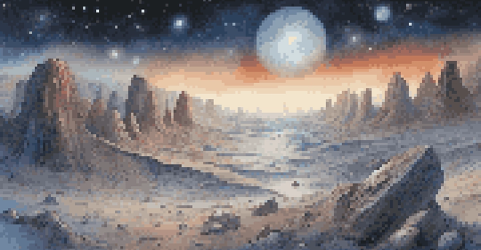 A panoramic view of the Kuiper Belt with various icy celestial bodies illuminated by distant sunlight in a starry sky.