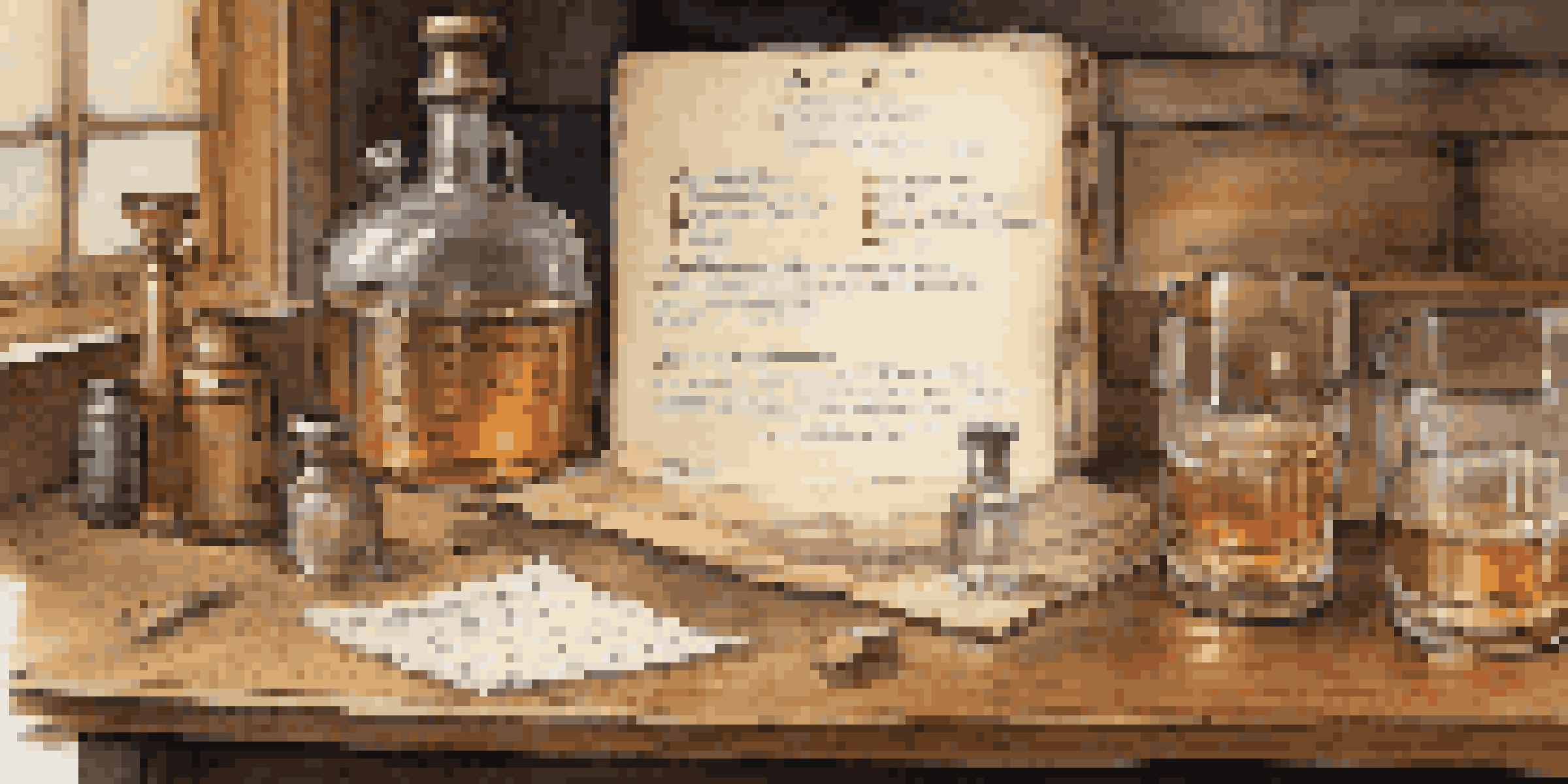 A detailed image of a distillation log book open on a wooden table, surrounded by distillation equipment, with warm lighting enhancing the scene.