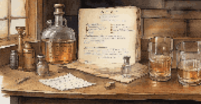 A detailed image of a distillation log book open on a wooden table, surrounded by distillation equipment, with warm lighting enhancing the scene.