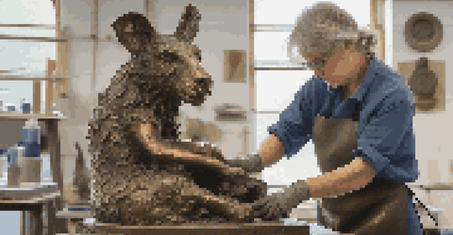 A conservator restoring a bronze sculpture in a workshop, surrounded by tools and natural light.