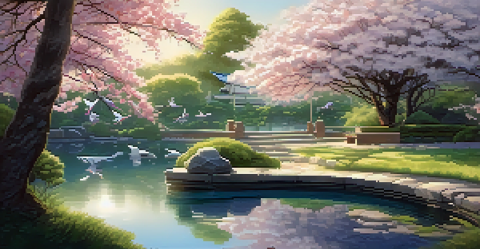 A peaceful Japanese garden with origami cranes hanging from cherry blossom branches, a pond reflecting the cranes, surrounded by greenery and stone pathways.