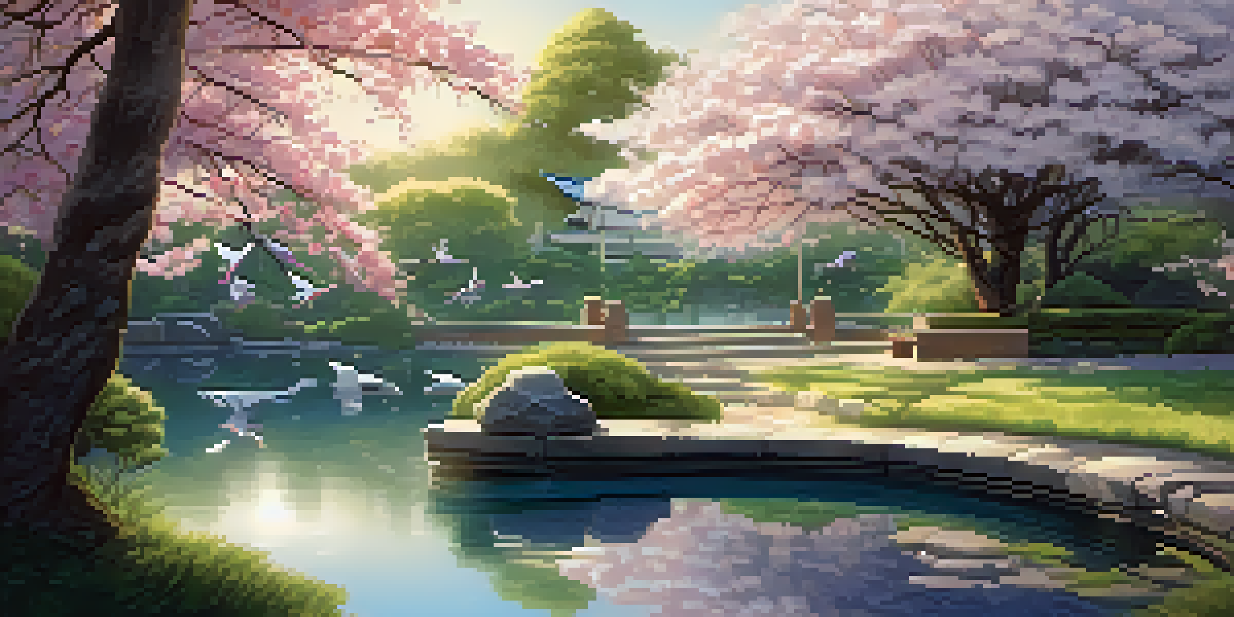A peaceful Japanese garden with origami cranes hanging from cherry blossom branches, a pond reflecting the cranes, surrounded by greenery and stone pathways.