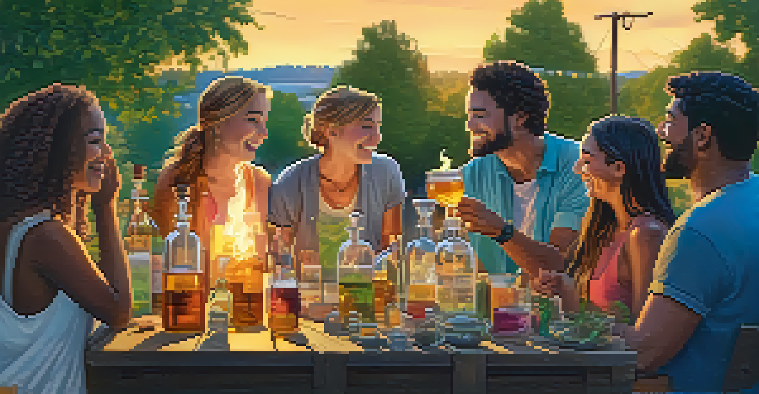 Friends enjoying a backyard distillation setup, surrounded by colorful ingredients and a sunset glow.