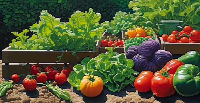 A raised garden bed overflowing with colorful vegetables under warm sunlight.
