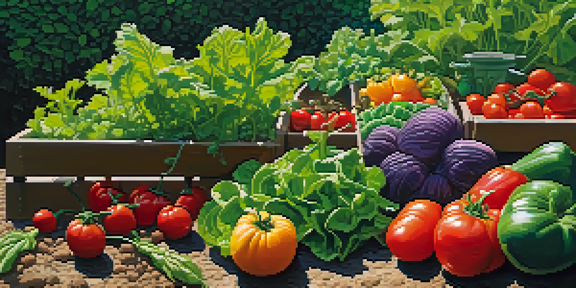 A raised garden bed overflowing with colorful vegetables under warm sunlight.