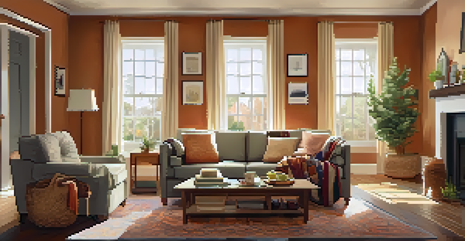 A cozy living room with warm colors and plush furniture, featuring energy-efficient windows and eco-friendly art.