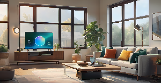 A modern living room with smart home gadgets including a smart speaker, colorful smart lights, and a smart thermostat, illuminated by natural light.