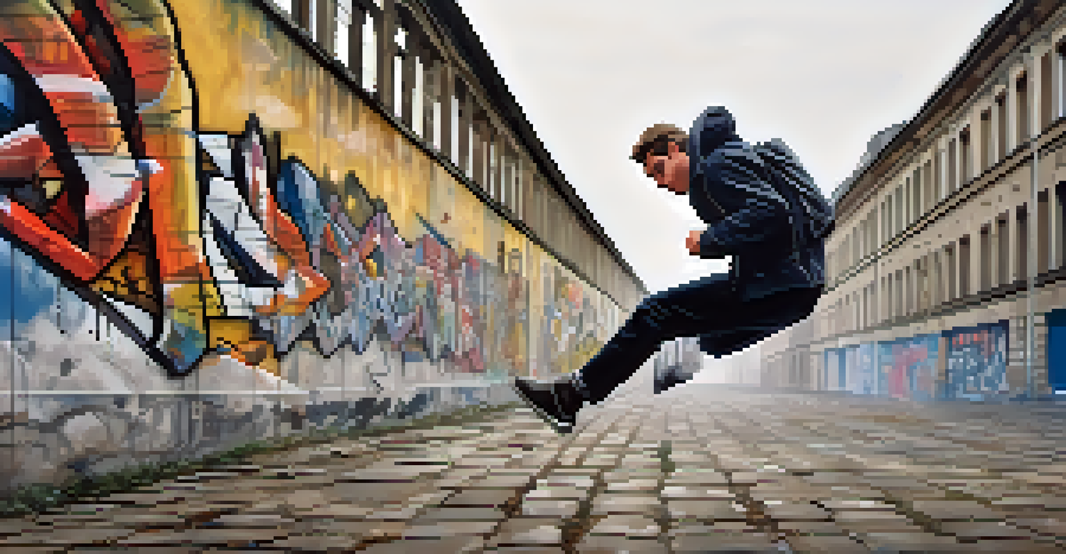 A parkour practitioner jumping over the remnants of the Berlin Wall, with colorful graffiti and historical context in the background.