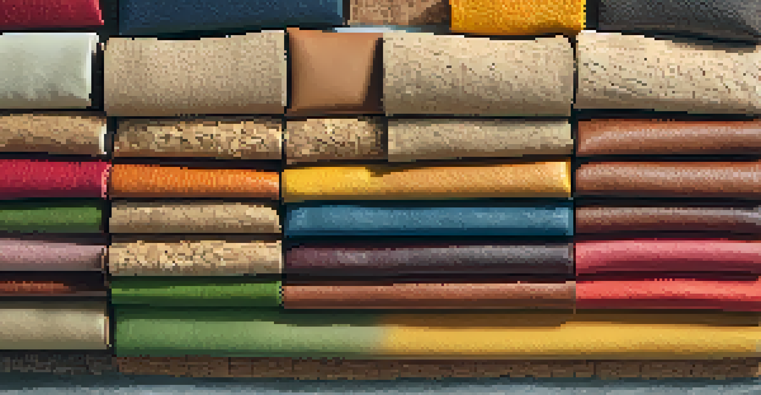 A vibrant display of eco-friendly leather alternatives like cork, mushroom, and fruit leathers on a textured fabric background, with labels indicating their names and origins.
