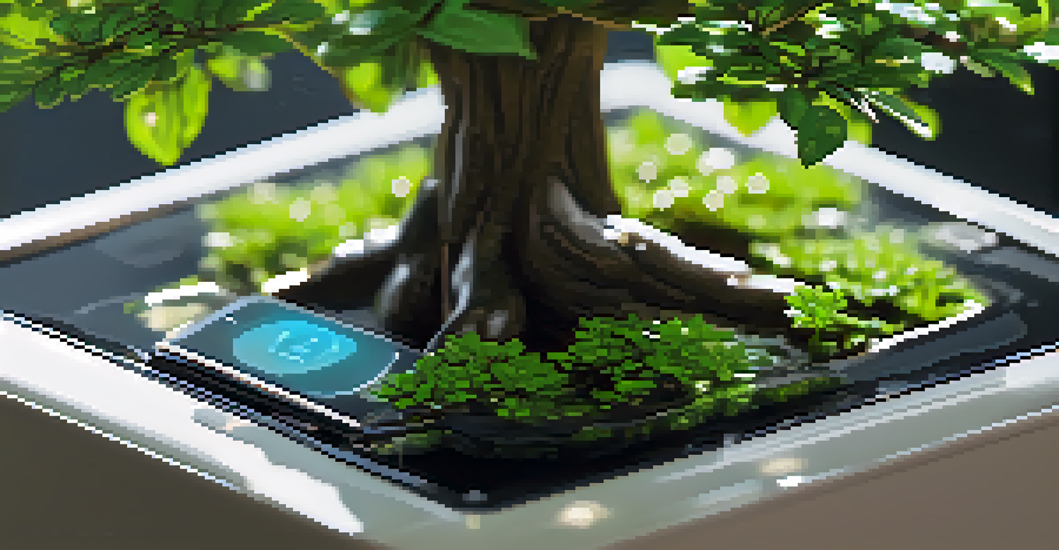 A close-up of a bonsai tree with a digital device monitoring its health, showing real-time data on a screen.