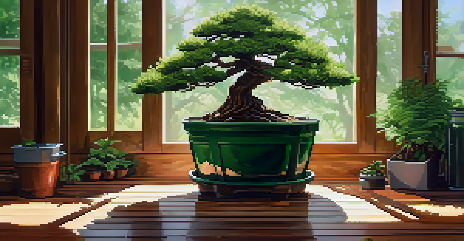 A sustainable bonsai care setup with a self-watering pot and organic soil, illuminated by sunlight.
