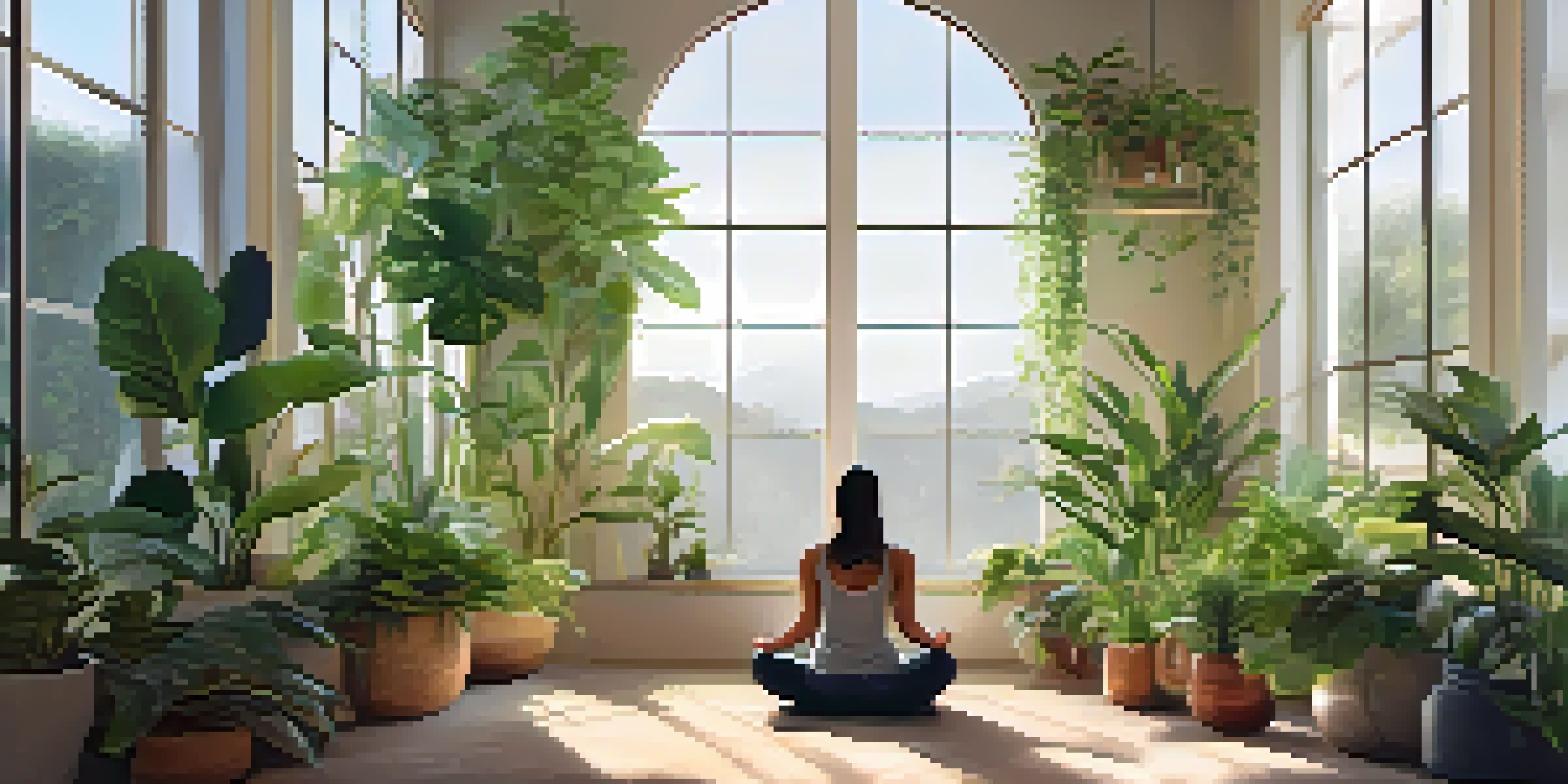 A person meditating in a bright, plant-filled room, practicing affirmations with a peaceful expression.