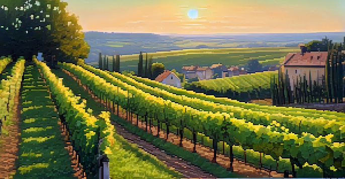 A vineyard in Burgundy, France, at sunset, with green grapevines and a wooden sign for Chardonnay among wildflowers.
