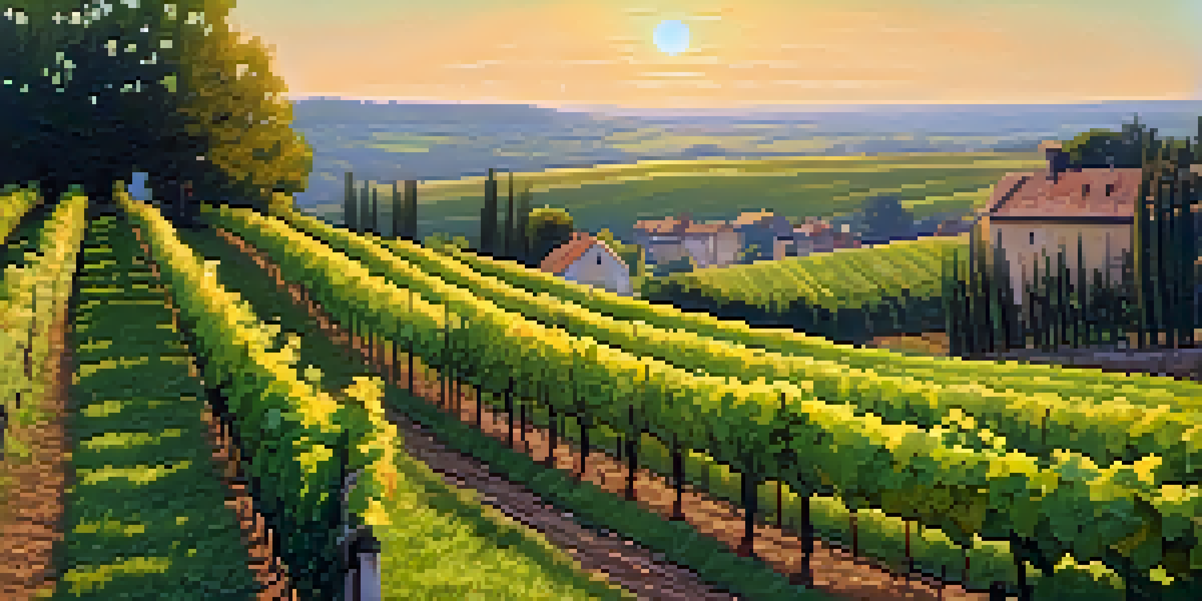 A vineyard in Burgundy, France, at sunset, with green grapevines and a wooden sign for Chardonnay among wildflowers.
