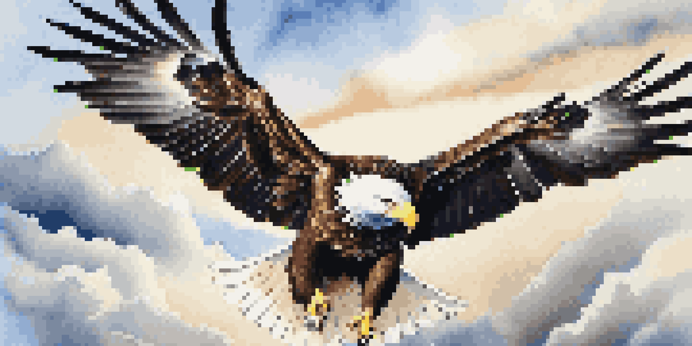 A sharp image of an eagle flying in the sky, with blurred clouds in the background, showcasing its feathers and the blue sky.