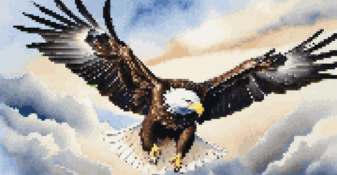 A sharp image of an eagle flying in the sky, with blurred clouds in the background, showcasing its feathers and the blue sky.