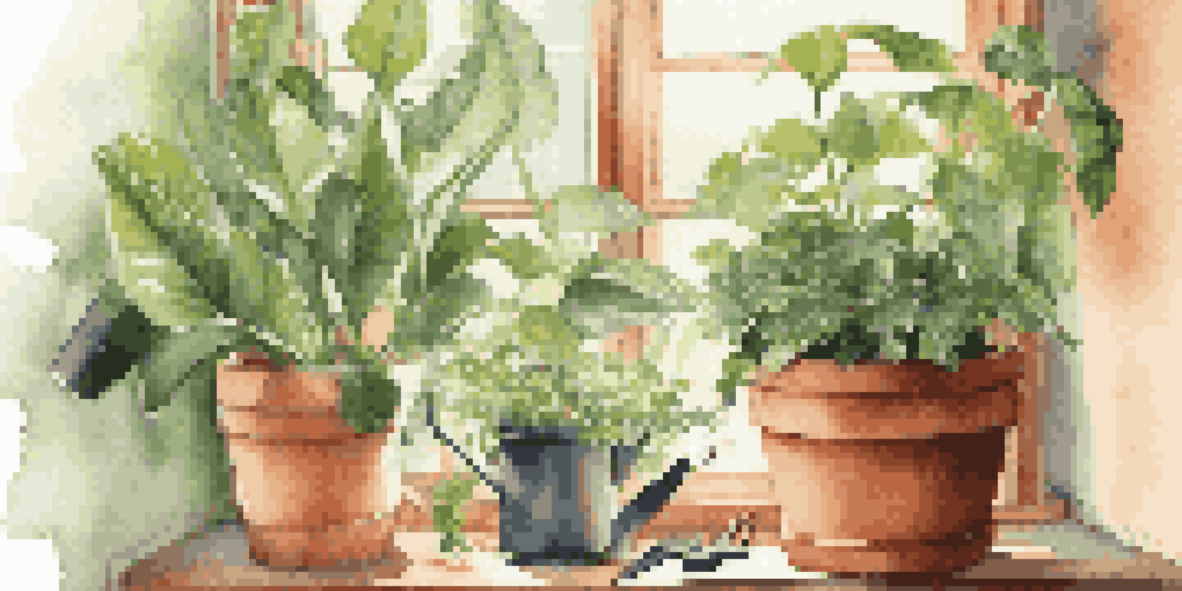 A close-up of a healthy indoor plant in a terracotta pot with gardening tools, illuminated by soft sunlight from a window.