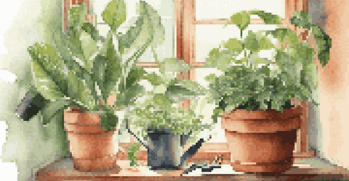 A close-up of a healthy indoor plant in a terracotta pot with gardening tools, illuminated by soft sunlight from a window.