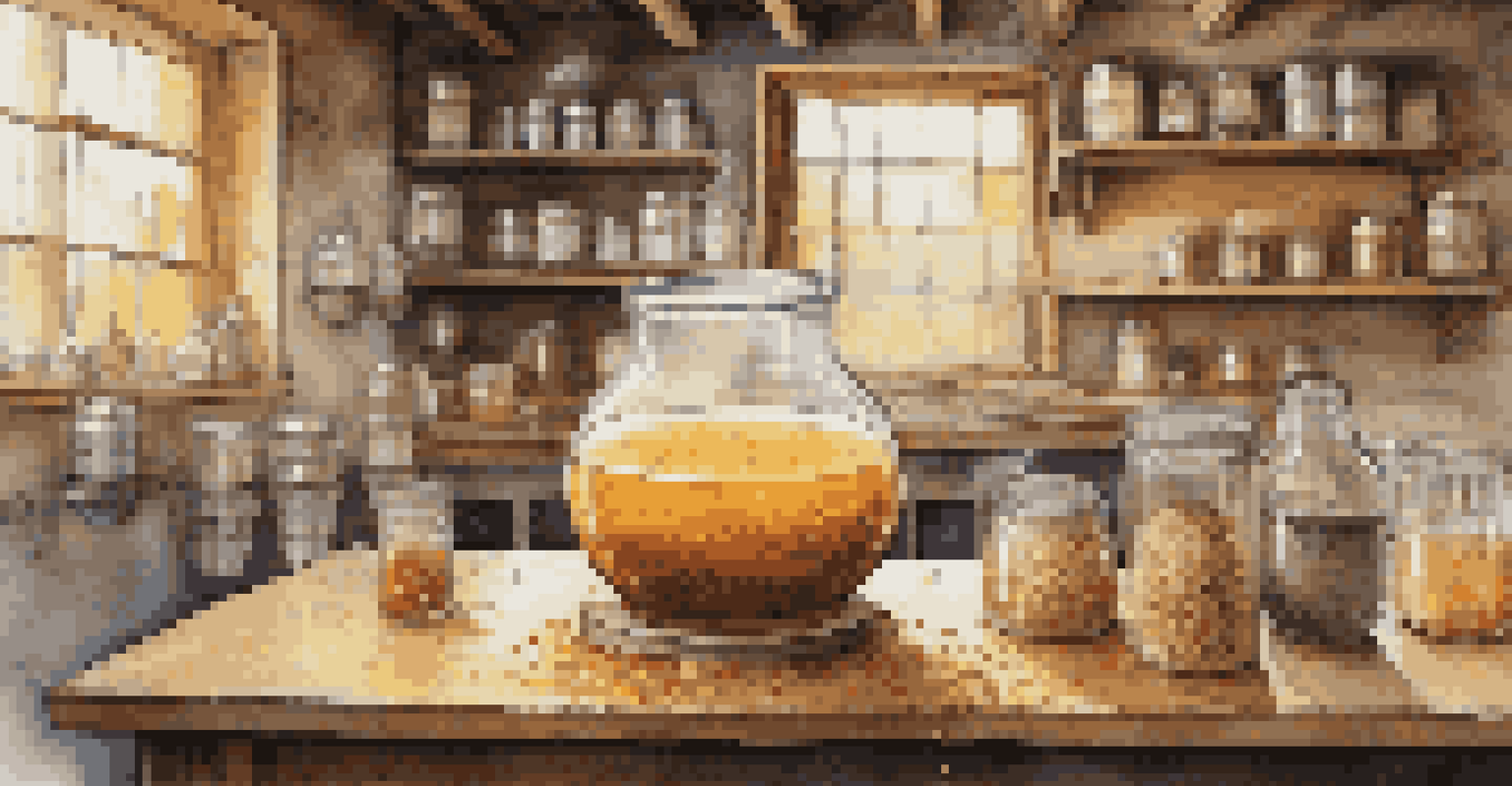 A vibrant mash bubbling in a glass fermentation vessel, surrounded by a rustic kitchen.