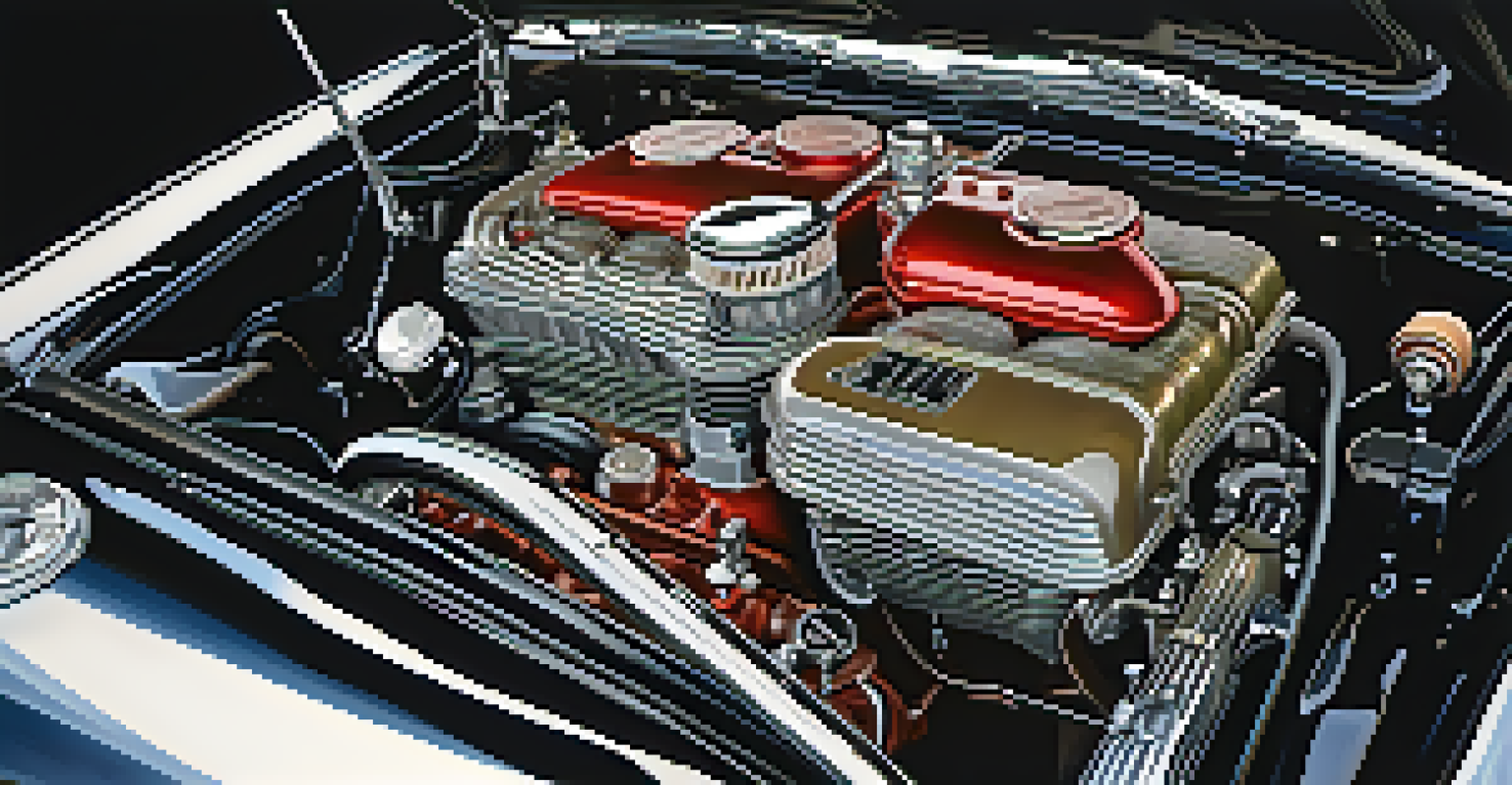 A clean vintage car engine showcased from above with a dark background, emphasizing its polished details.