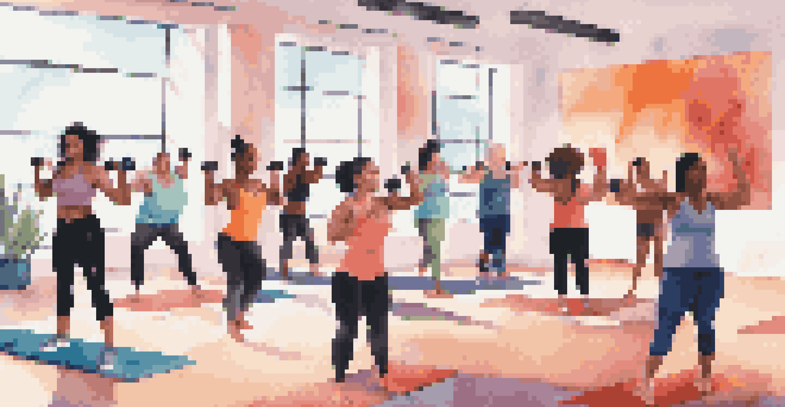 A group of people participating in a virtual fitness class, performing exercises and following the instructor on a large screen.