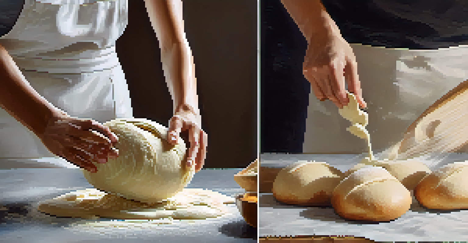 Split image of hands kneading dough and a stand mixer with a dough hook, showcasing different kneading techniques.