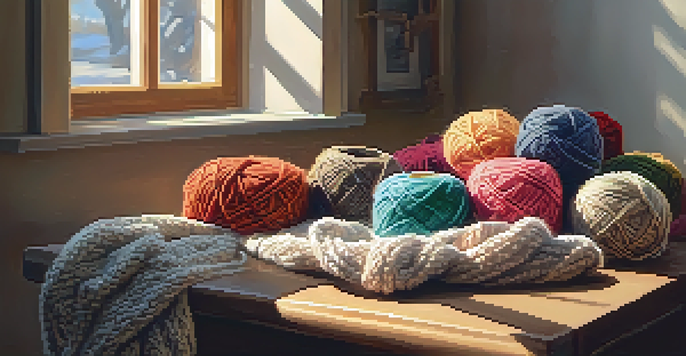 A cozy knitting corner with colorful yarn skeins and a half-finished sweater project, illuminated by warm sunlight.
