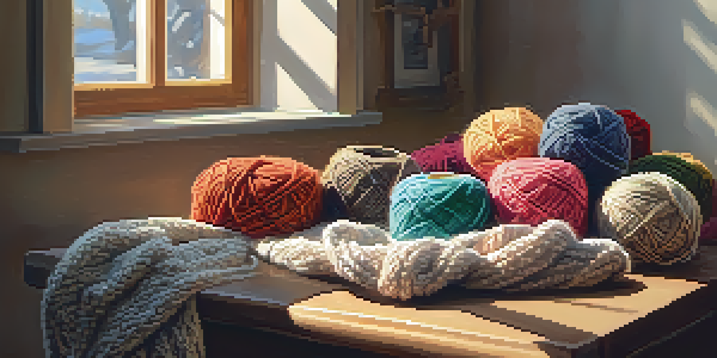 A cozy knitting corner with colorful yarn skeins and a half-finished sweater project, illuminated by warm sunlight.