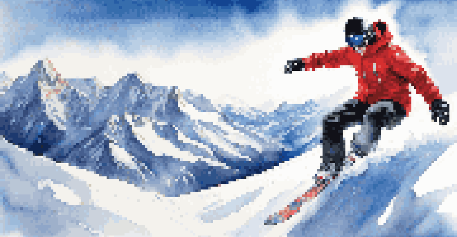 A snowboarder gracefully navigating a snowy mountain slope under a clear blue sky.