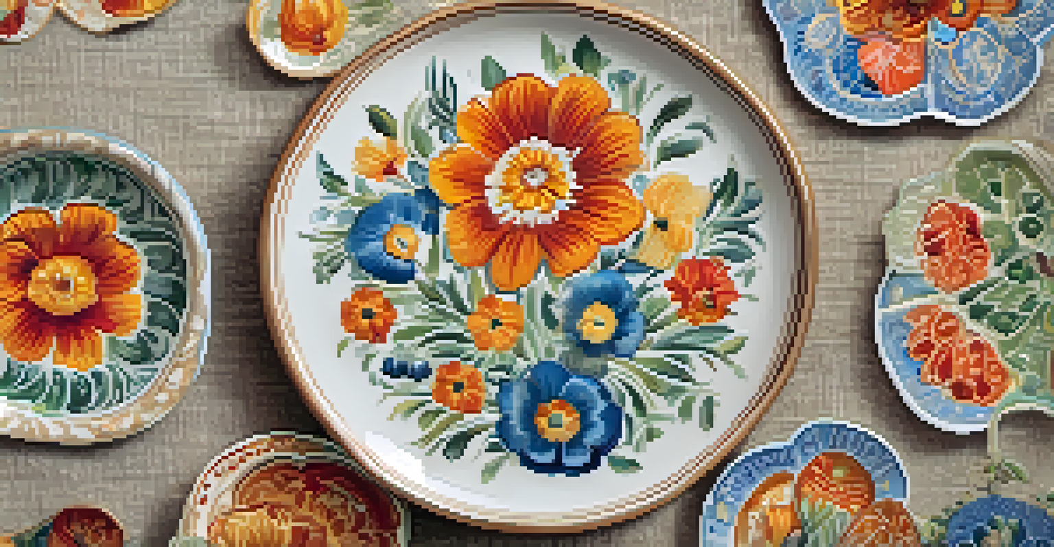 A close-up view of a hand-painted decorative ceramic plate with floral designs, resting on a textured linen tablecloth, illuminated by soft light.