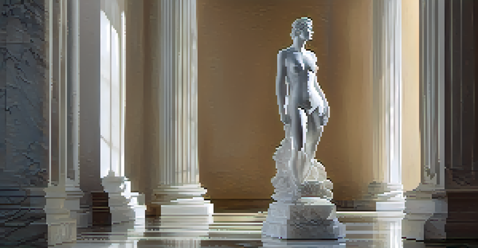 A marble sculpture of a human figure with perfect proportions, illuminated by soft natural light in a blurred gallery background.