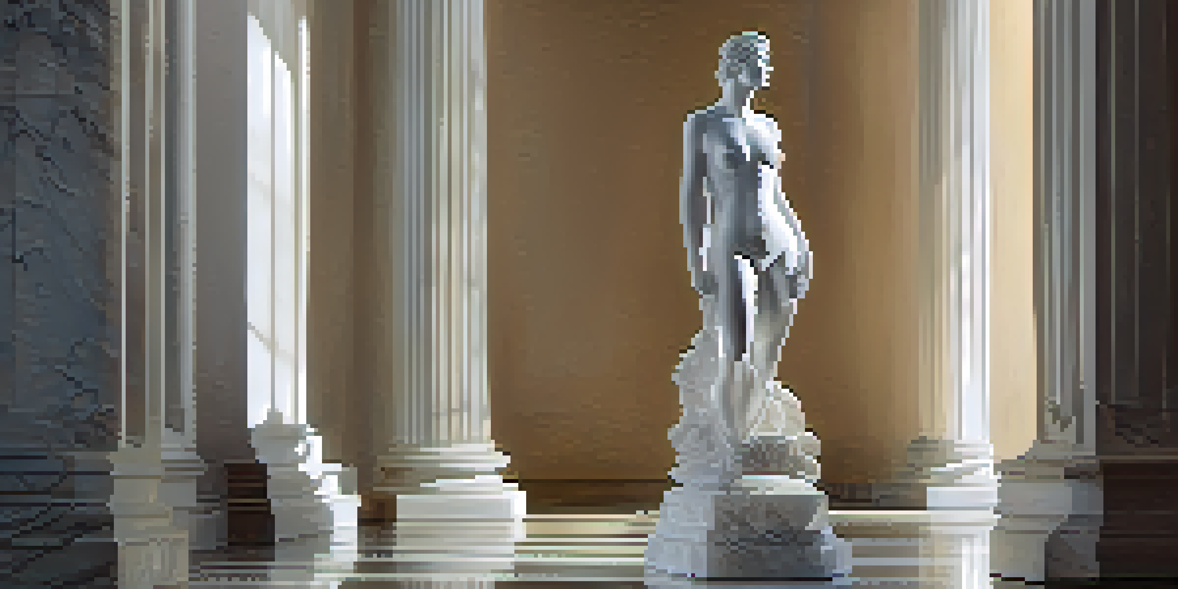 A marble sculpture of a human figure with perfect proportions, illuminated by soft natural light in a blurred gallery background.