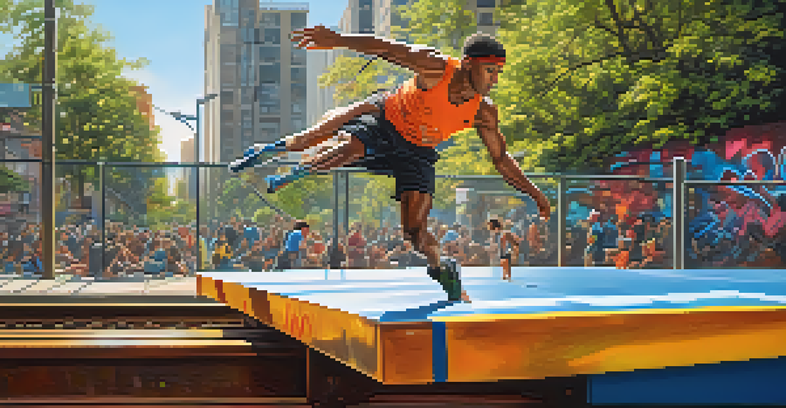 An athlete executing a monkey vault over a rail in an urban setting, with vibrant graffiti and sunlight in the background.