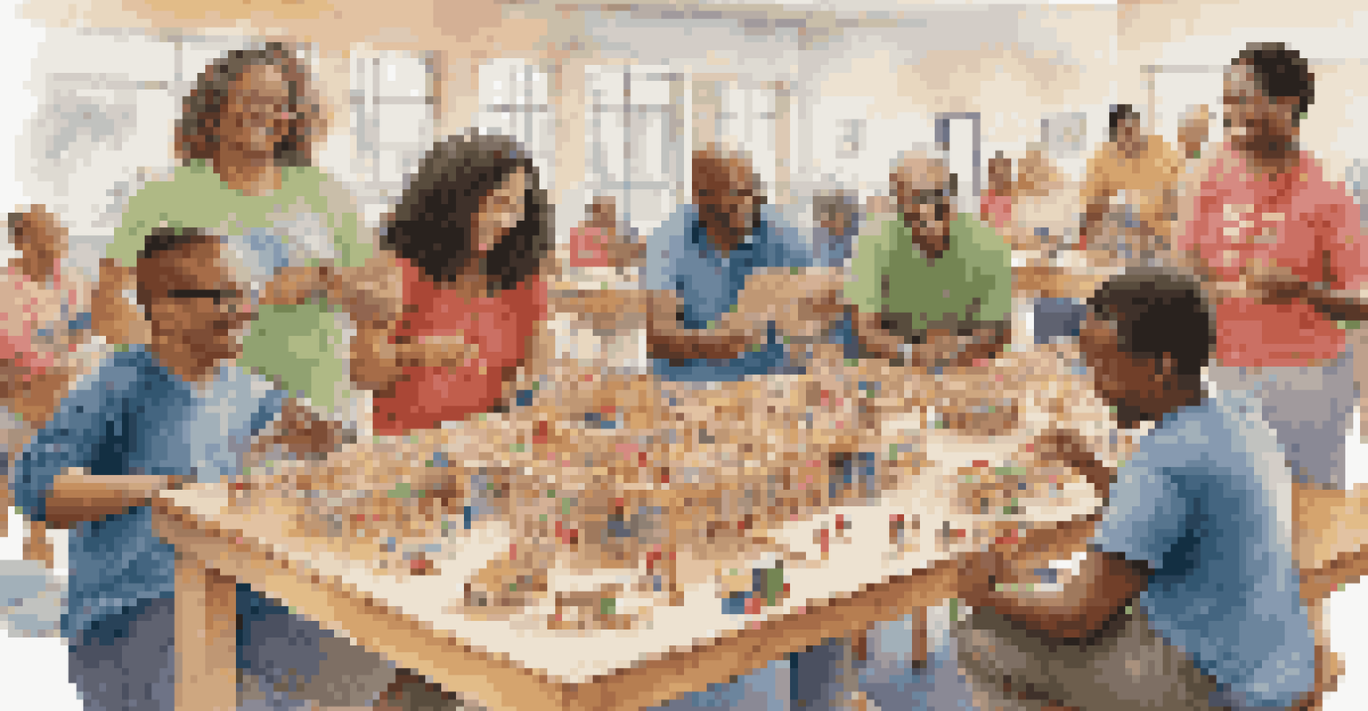 A diverse group of people working together to create wooden toys for charity at a community center table filled with colorful blocks.