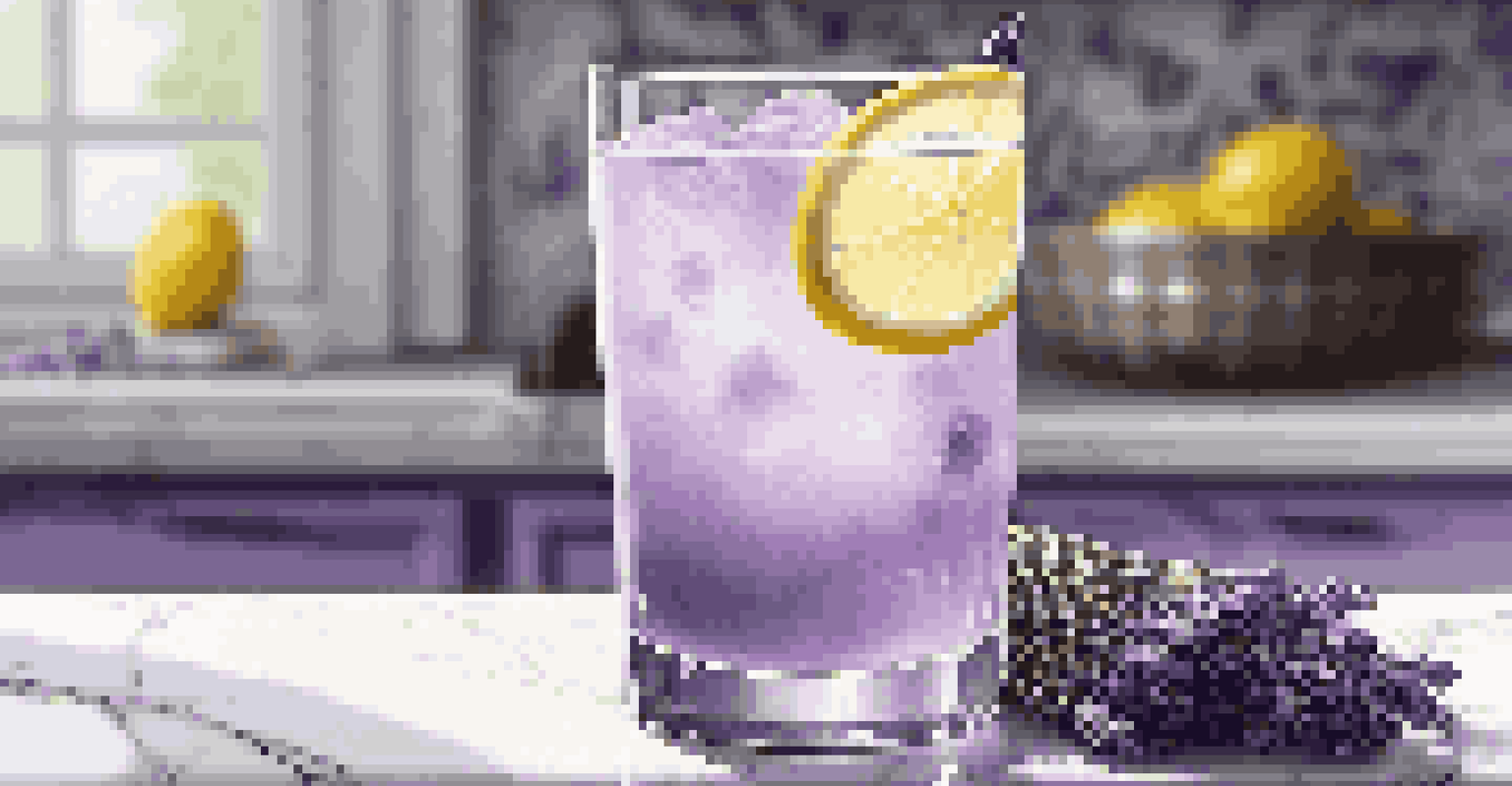 A tall glass of lavender lemonade garnished with lavender and lemon, set on a marble countertop with scattered lavender flowers.