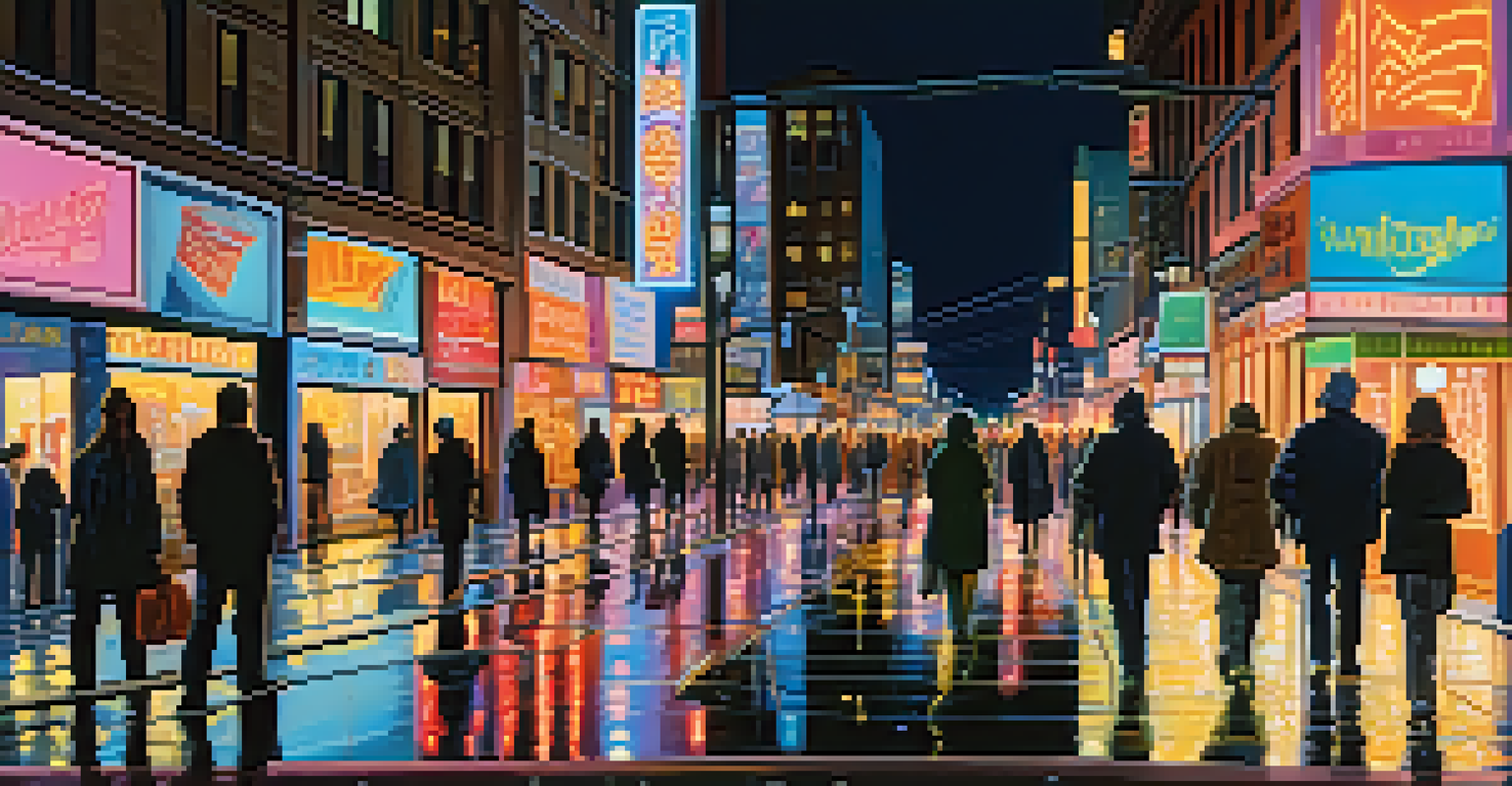 A busy city street at night, featuring colorful neon lights, people walking, and reflections on wet pavement, creating a lively urban scene.