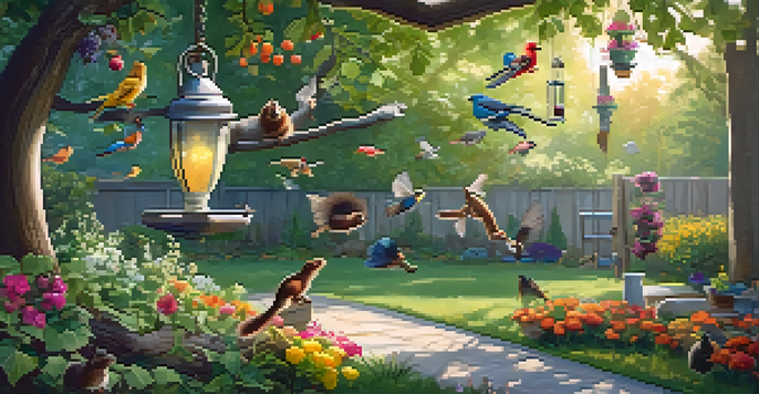 A backyard with colorful bird feeders, flowers, and a squirrel trying to access the feeders with birds nearby.