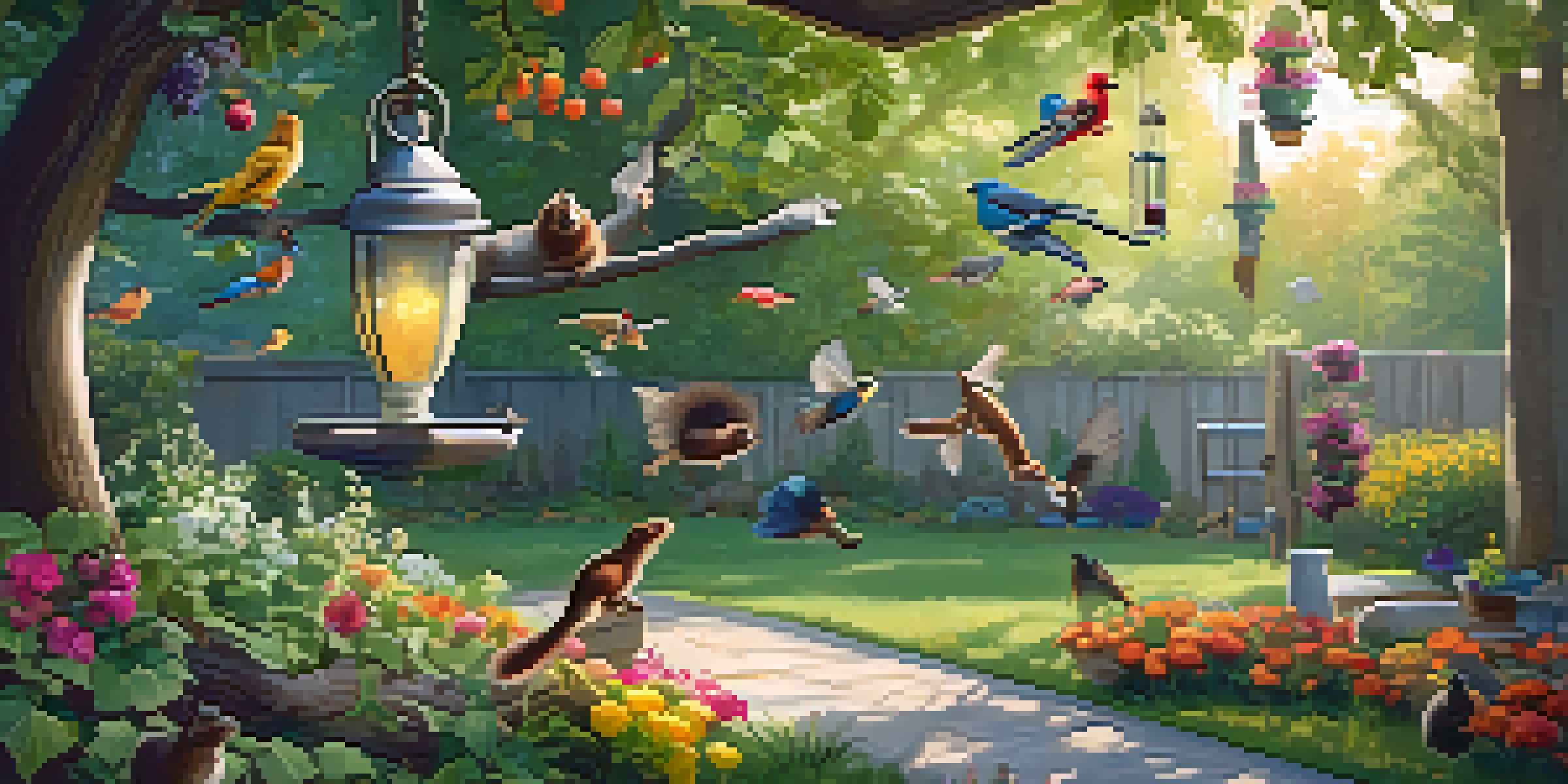 A backyard with colorful bird feeders, flowers, and a squirrel trying to access the feeders with birds nearby.