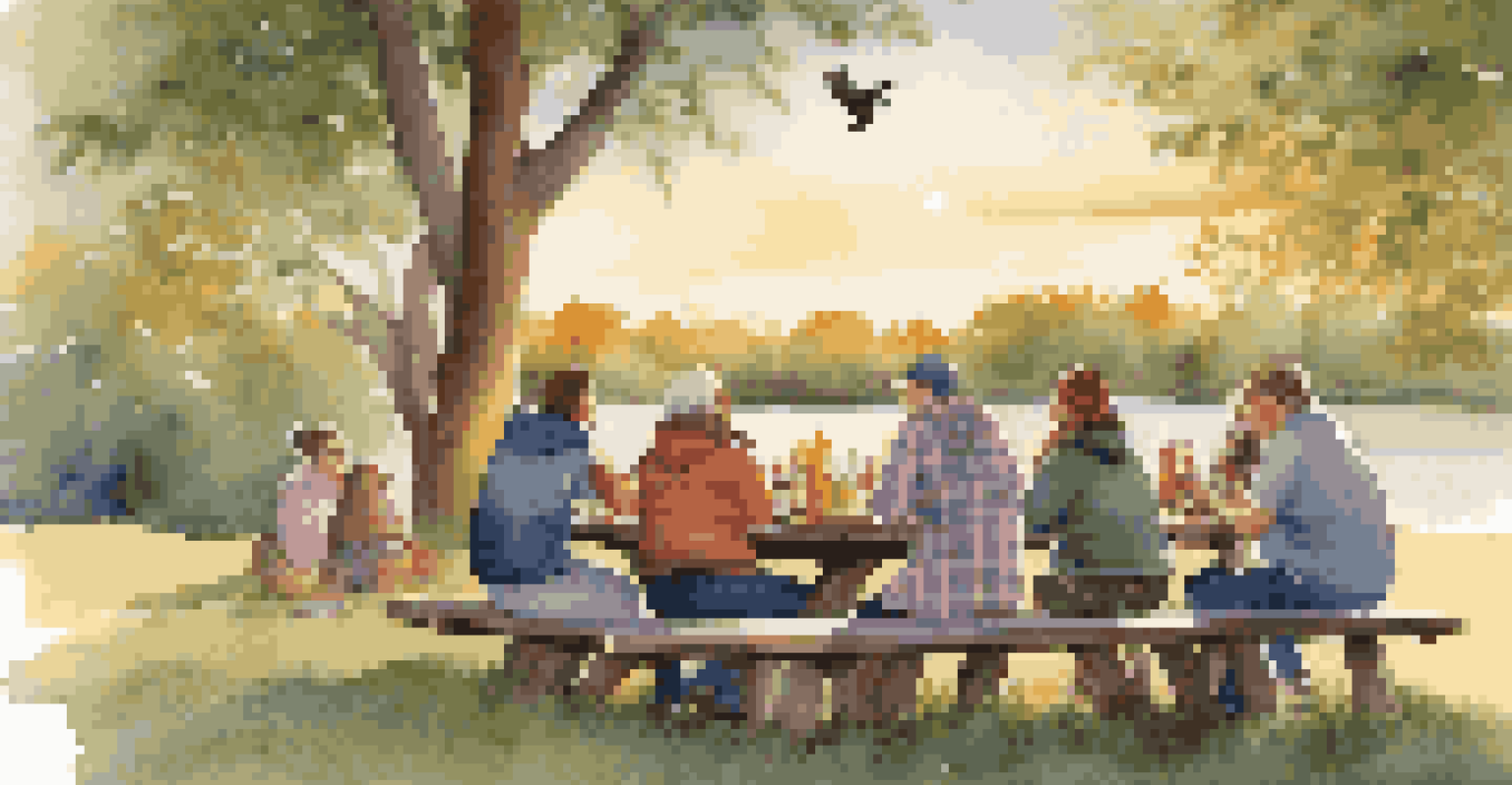 A birdwatching group enjoying a picnic in a park, sharing stories and snacks at a table filled with birdwatching gear.
