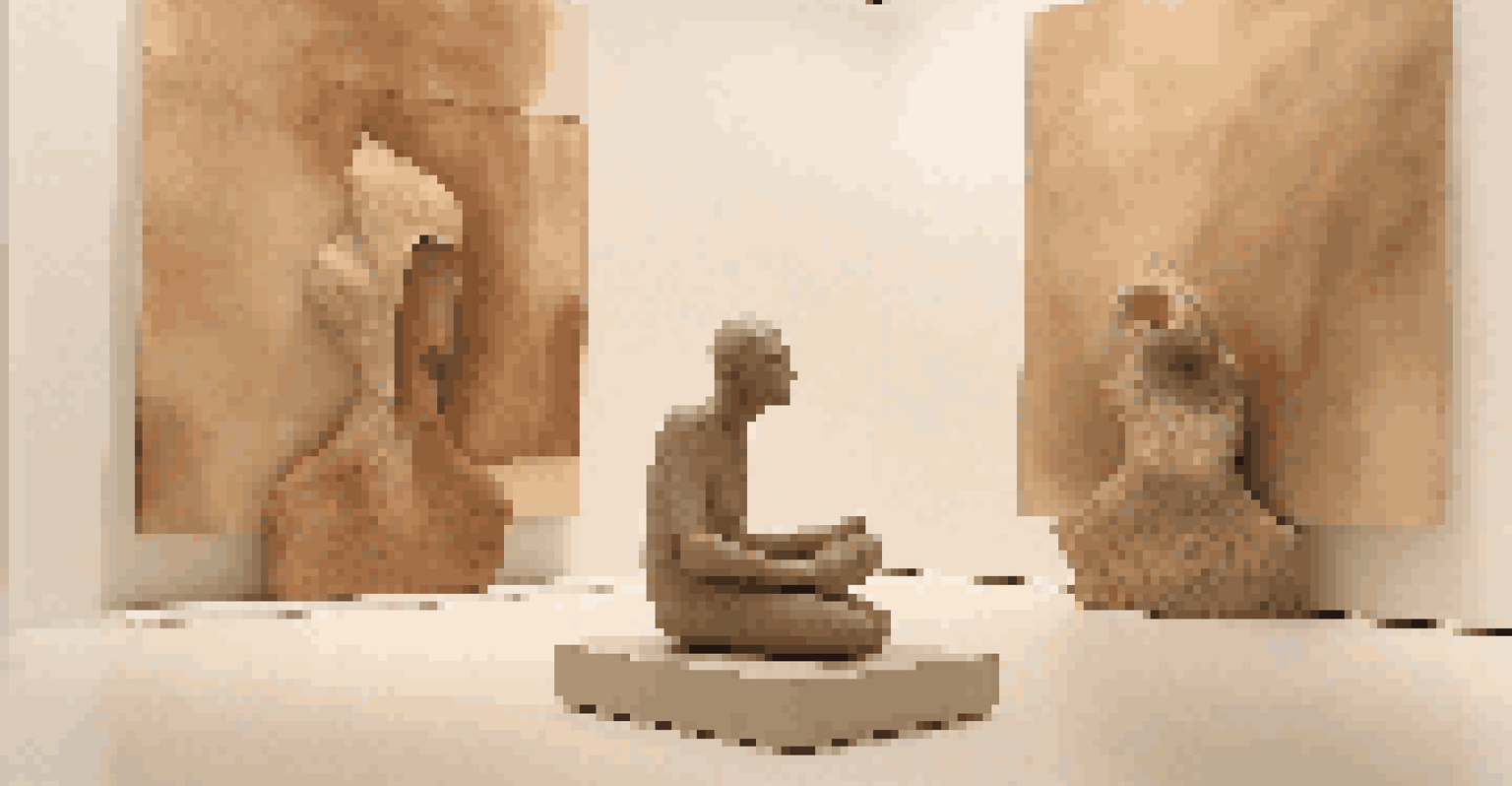 An artist seated in front of a minimalist clay and stone sculpture, illuminated by soft, warm light in a serene indoor setting.