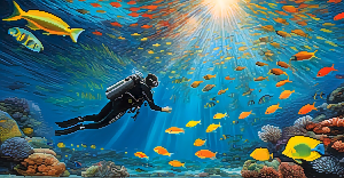 An underwater scene featuring a diver with scuba gear exploring a coral reef, surrounded by colorful fish and illuminated by sunlight.