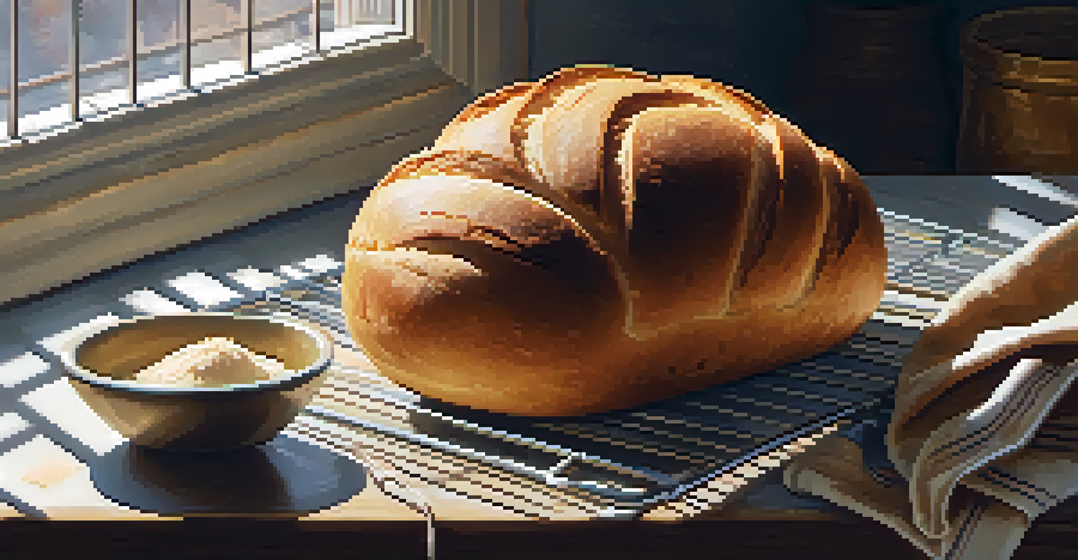 An overhead view of a golden-brown loaf of bread cooling on a wire rack with baking ingredients in the background.