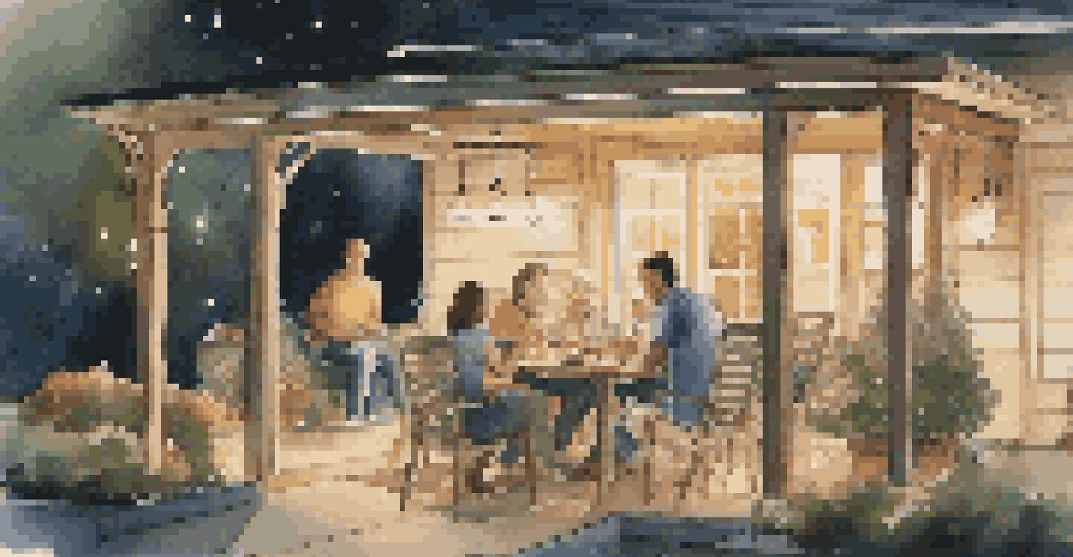 An outdoor patio with smart lighting and security features, showing a family enjoying a meal together under the stars.